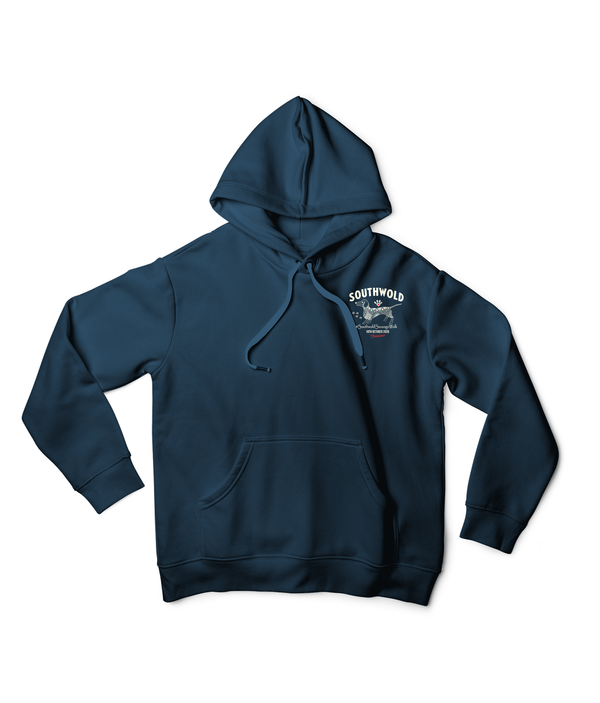Southwold Sausage Dog Walk 2026 limited edition unisex hoodie front in Peacock Blue