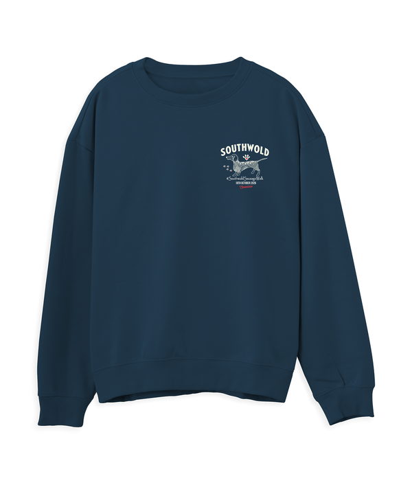 Southwold Sausage Dog Walk 2026 limited edition unisex sweater front in Peacock Blue