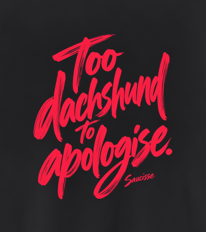 Saucisse Too Dachshund to Apologise black Sweatshirt, back coral print close-up.