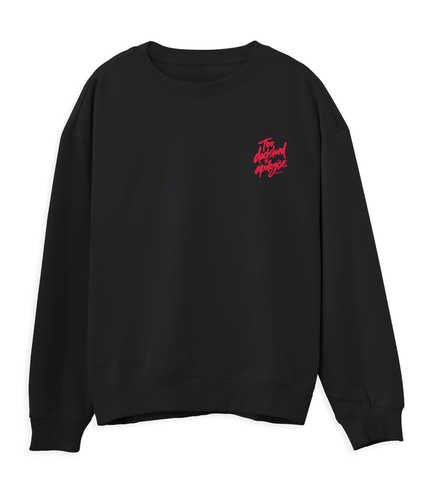 Saucisse Too Dachshund to Apologise black Sweatshirt, front view with coral print.