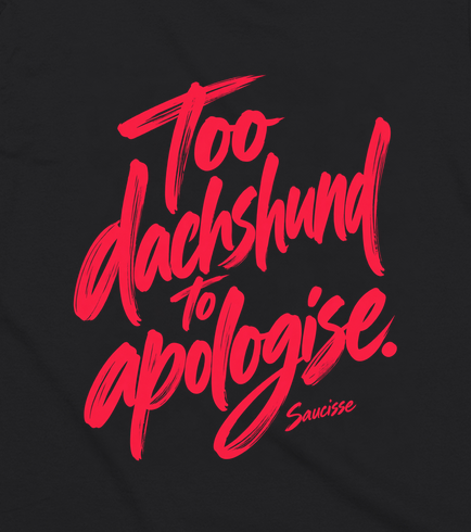 Saucisse Too Dachshund to Apologise black Tshirt, back coral print close-up.