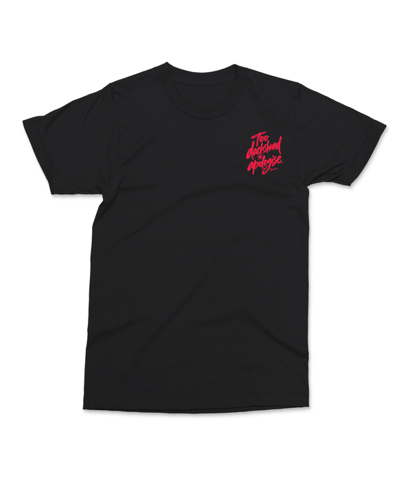 Saucisse Too Dachshund to Apologise black Tshirt, front view with coral print.