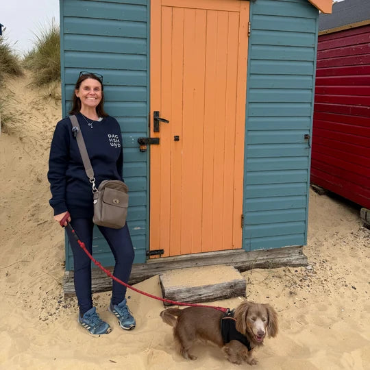 A customer in a navy dachshund sweatshirt with a long-haired dachshund beside a blue and orange beach hut