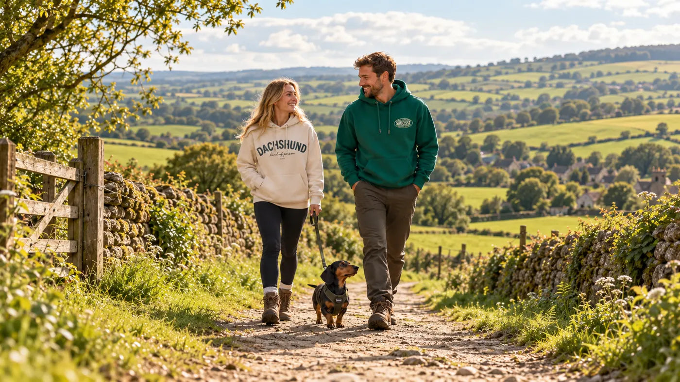 A couple wearing Saucisse hoodies walking their miniature dachshund in the English countryside